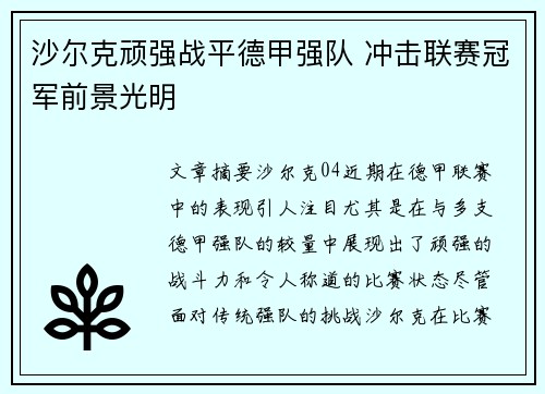 沙尔克顽强战平德甲强队 冲击联赛冠军前景光明