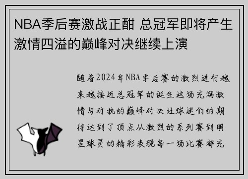 NBA季后赛激战正酣 总冠军即将产生激情四溢的巅峰对决继续上演