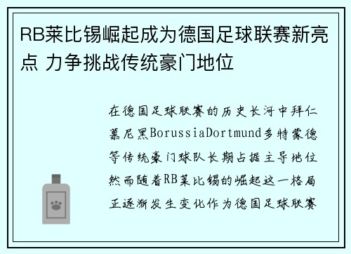 RB莱比锡崛起成为德国足球联赛新亮点 力争挑战传统豪门地位