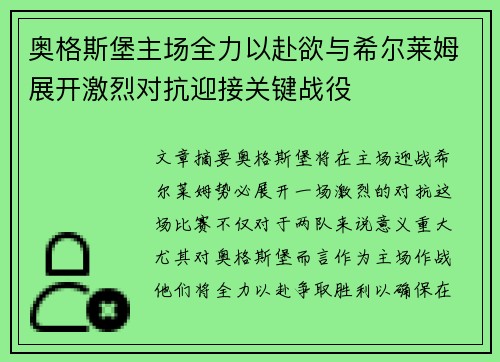 奥格斯堡主场全力以赴欲与希尔莱姆展开激烈对抗迎接关键战役