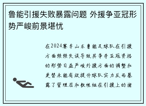 鲁能引援失败暴露问题 外援争亚冠形势严峻前景堪忧