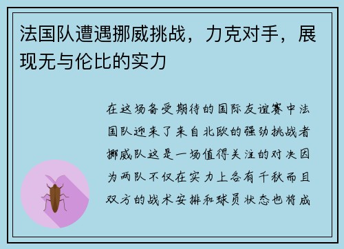 法国队遭遇挪威挑战，力克对手，展现无与伦比的实力