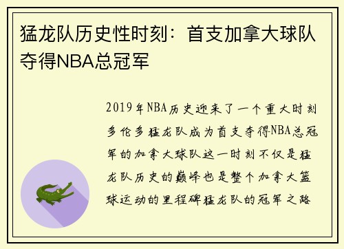 猛龙队历史性时刻：首支加拿大球队夺得NBA总冠军