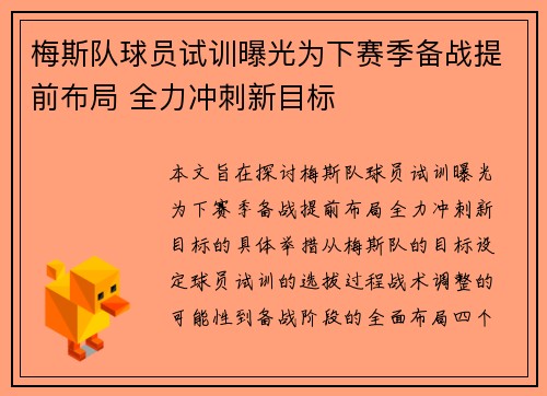 梅斯队球员试训曝光为下赛季备战提前布局 全力冲刺新目标