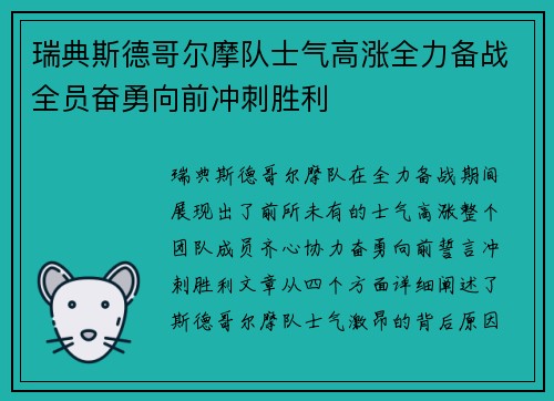 瑞典斯德哥尔摩队士气高涨全力备战全员奋勇向前冲刺胜利