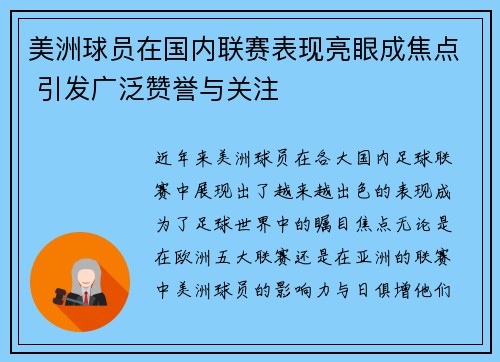 美洲球员在国内联赛表现亮眼成焦点 引发广泛赞誉与关注